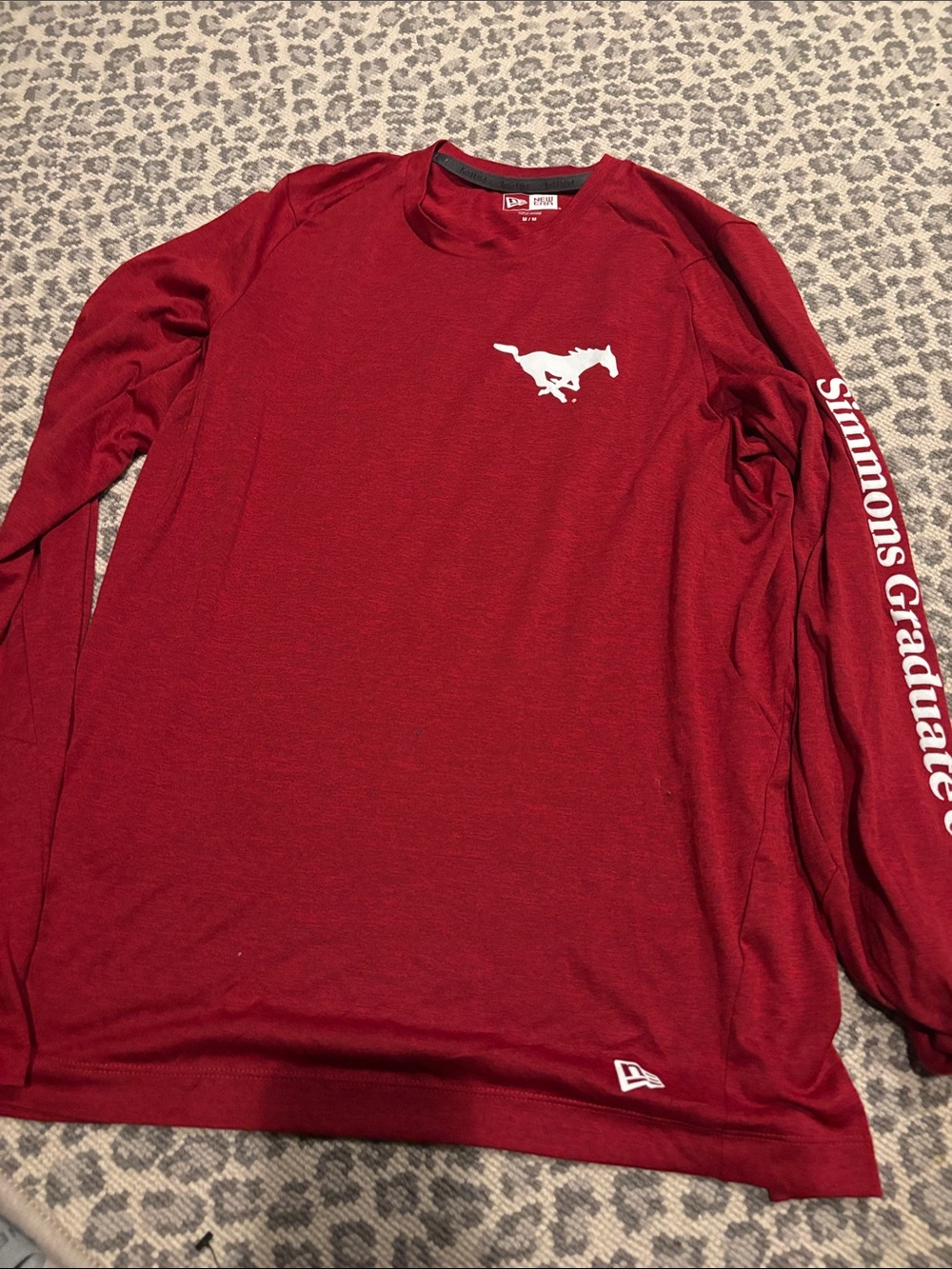 SMU Pony Up Men's Long-Sleeve Crimson Shirt with White Mustang & Sleeve Text